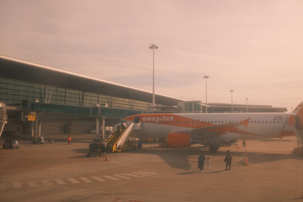 Washed out image of an EasyJet Plane being boarded